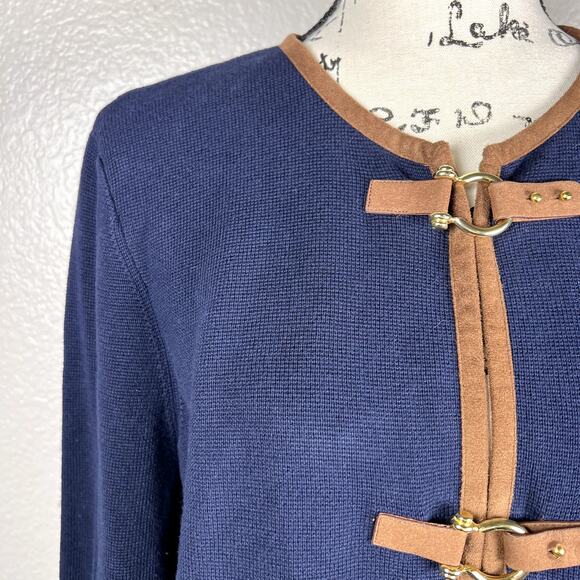 Lauren Ralph Lauren Navy Equestrian Horsebit Cardigan Faux Leather Trim Sz XL - Picture 3 of 10